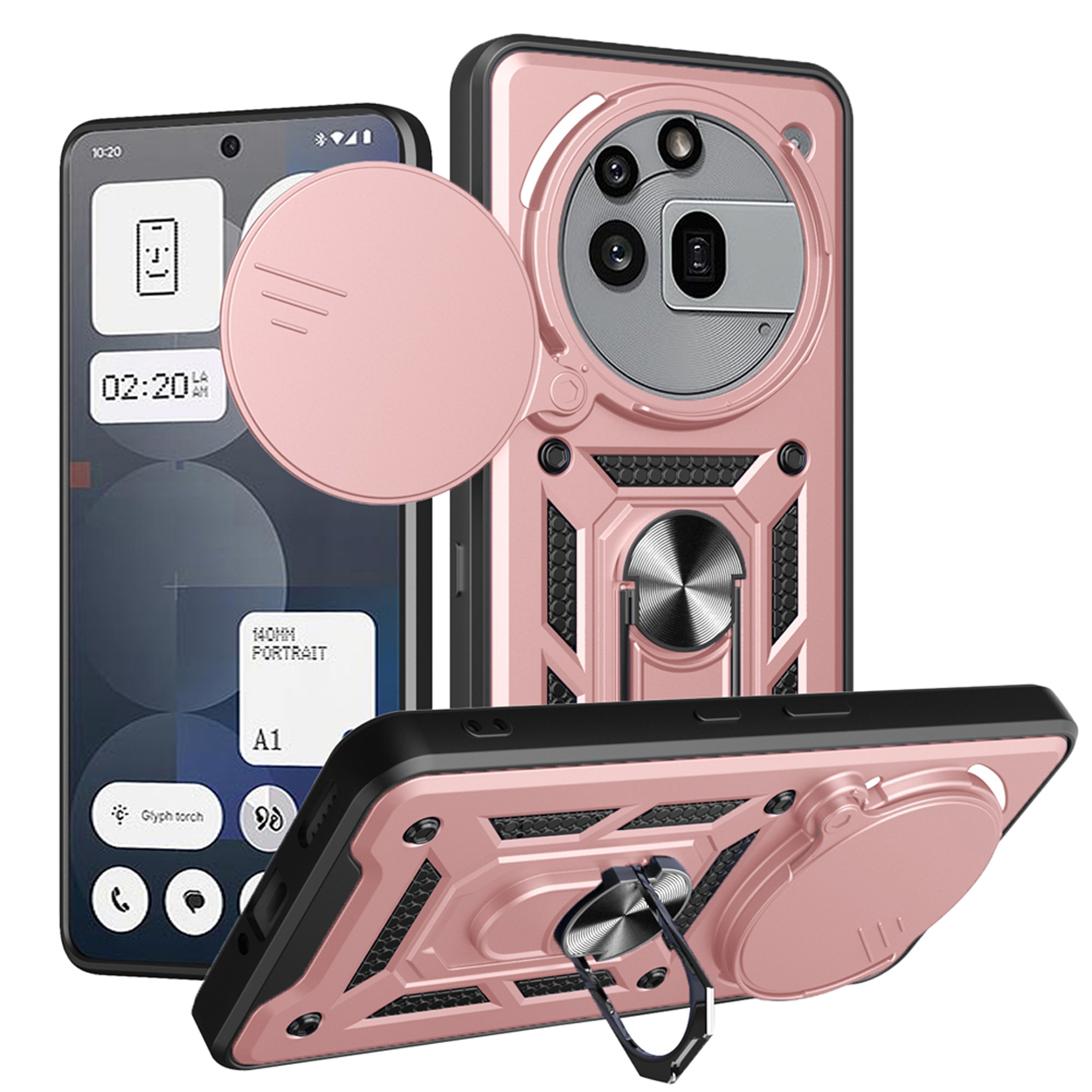 Coque de téléphone rose. Le téléphone est affiché à l'écran. Support de bague et protection de caméra. Fond blanc.
