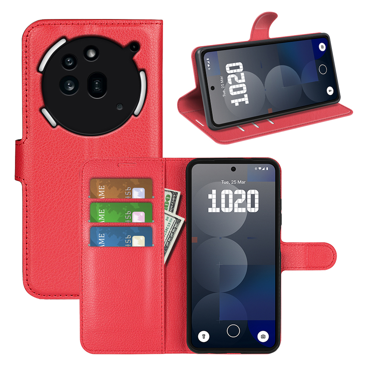 Coque de téléphone rouge avec un téléphone et un portefeuille rouge avec emplacements pour cartes et espèces.