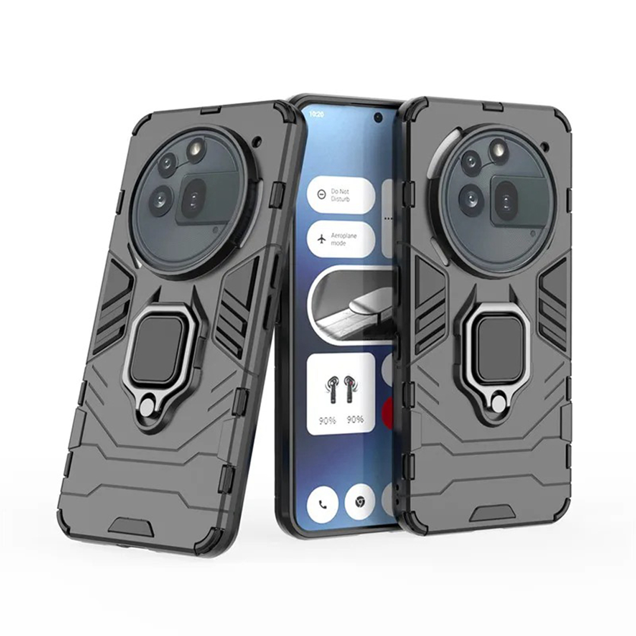 Drie telefoonhoesjes, twee grijze en een met een telefoonscherm met pictogrammen en een ringhouder.