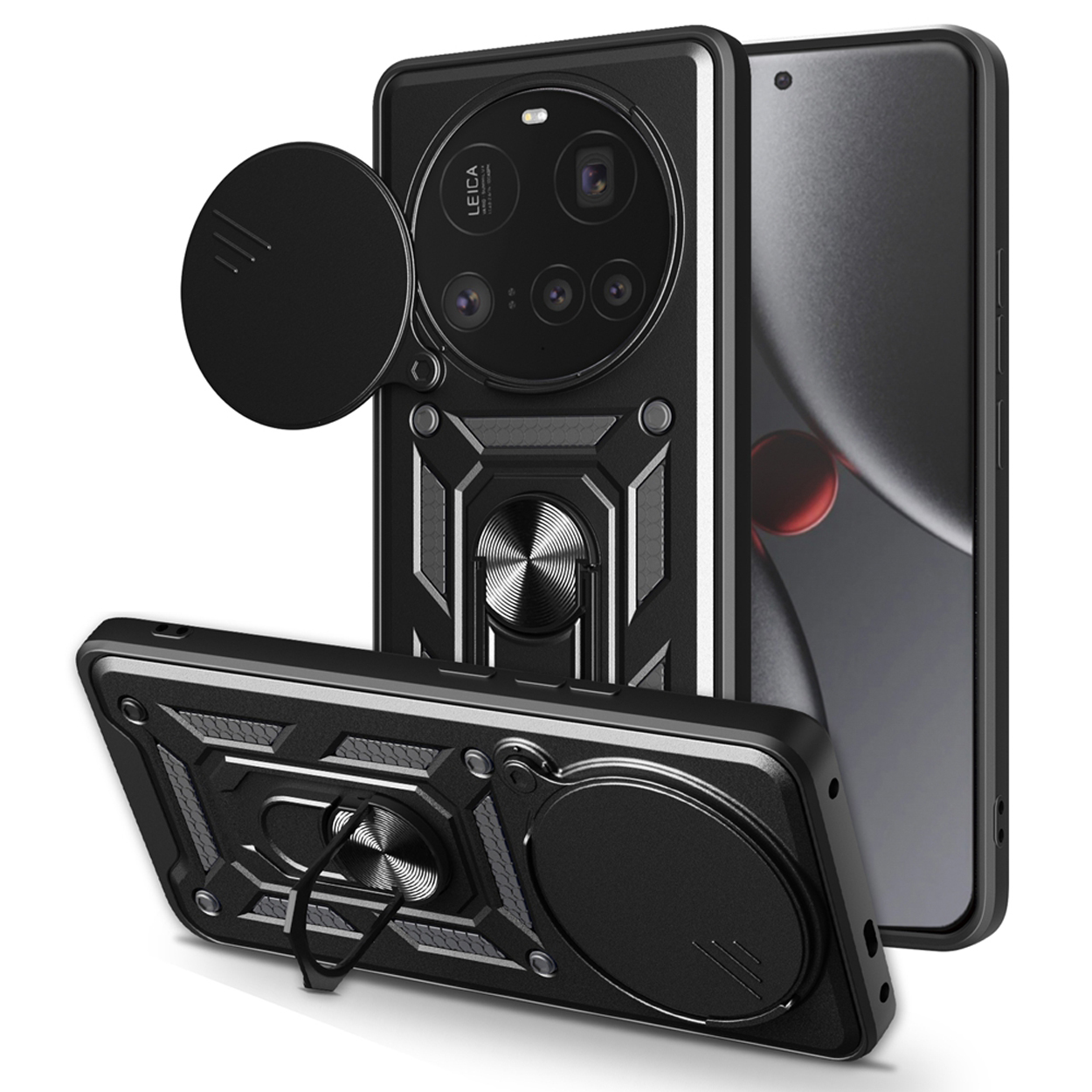 Zwarte telefoonhoes met cameralensafdekking en standaard, verschillende hoeken, geïsoleerd.