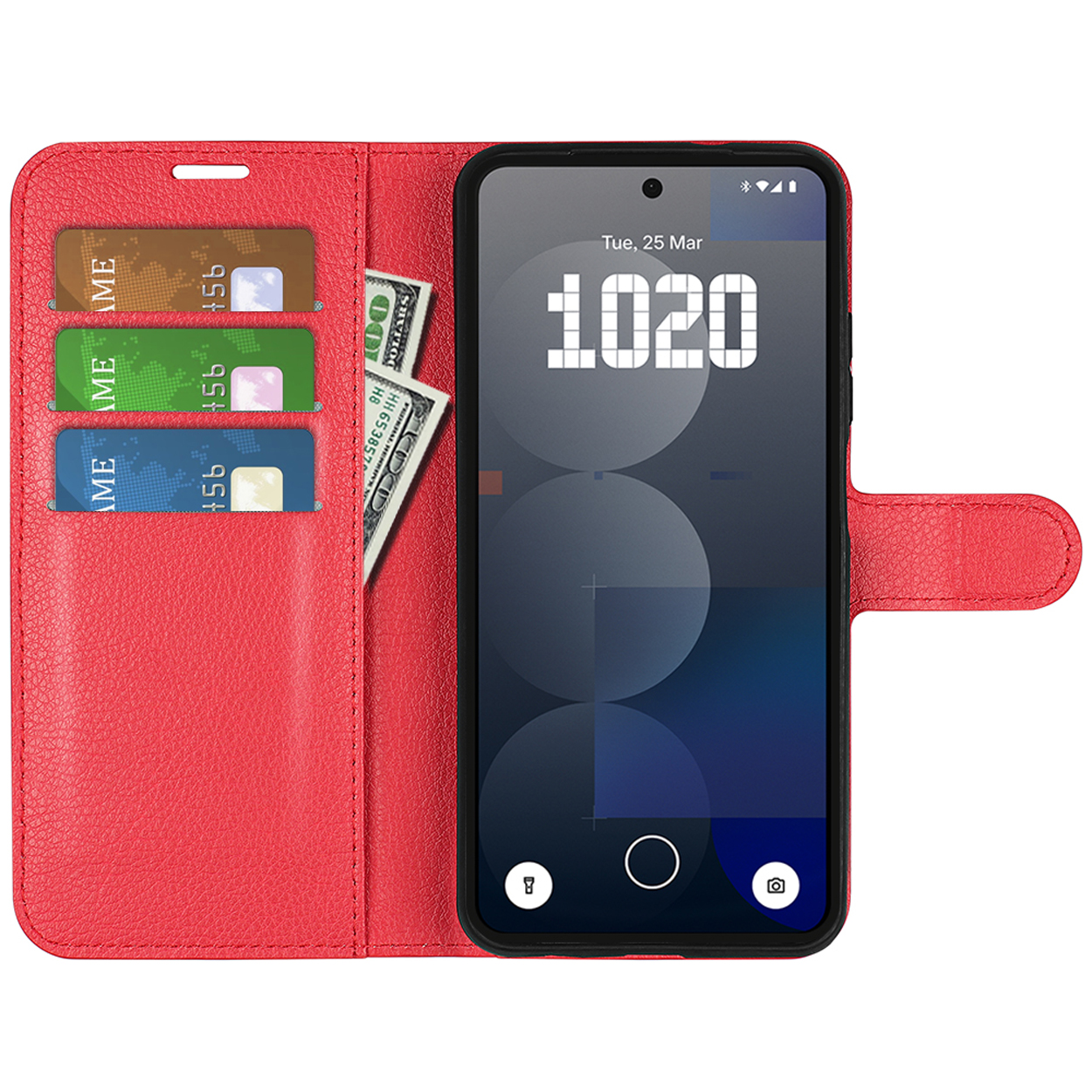Coque rouge avec cartes et argent, montrant un téléphone avec interface caméra.