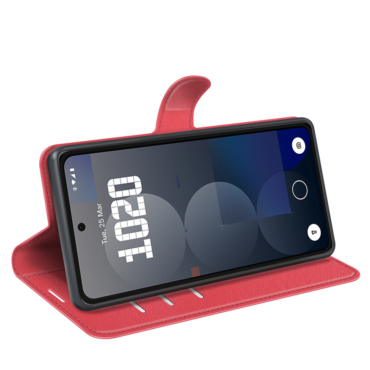 Étui de téléphone rouge avec un téléphone affichant l'heure. Le téléphone est ouvert. Fond blanc.