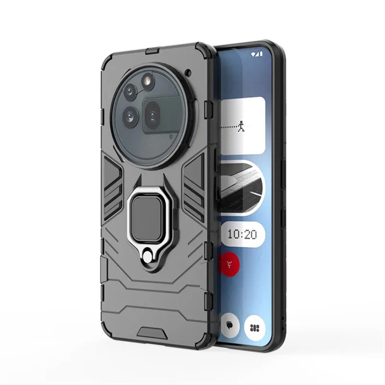 Grijze telefoonhoes met ringstandaard en een telefoon, schuine weergave, geïsoleerd op wit.