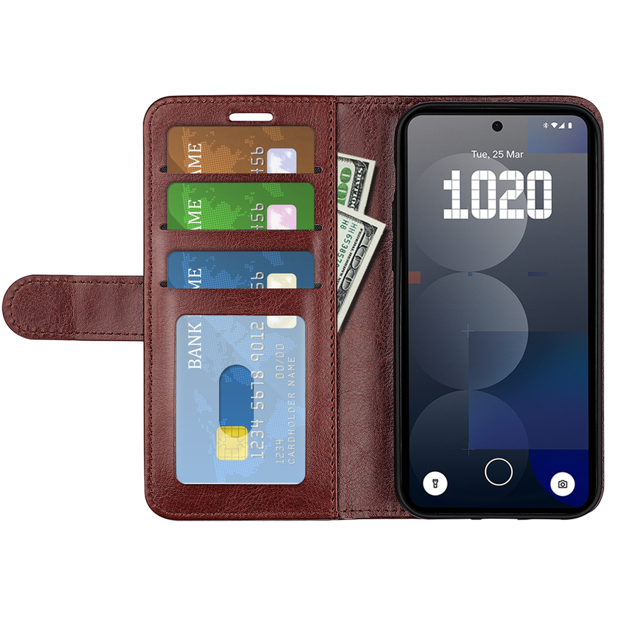 Telefoon in bruine portemonneehoes. Kaarten en geld zichtbaar. Telefoonscherm toont een digitale weergave.