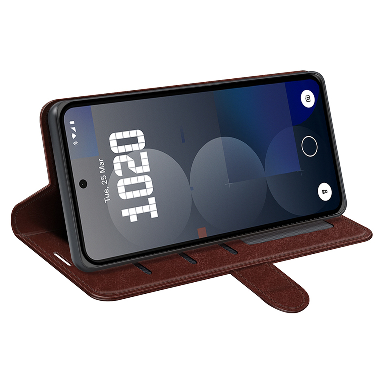 Smartphone met een bruine leren hoes, toont een scherm met tijd 02:07 en andere pictogrammen.