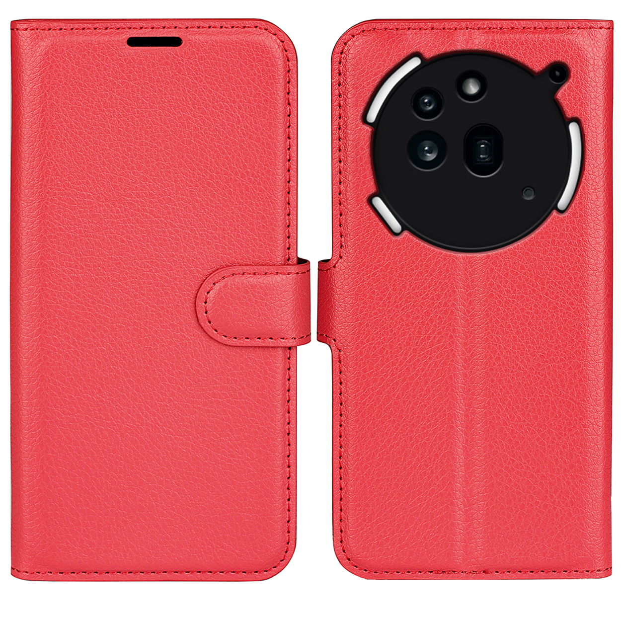 Un étui de téléphone rouge, ouvert pour montrer le dos du téléphone, avec un module caméra et une fermeture magnétique.