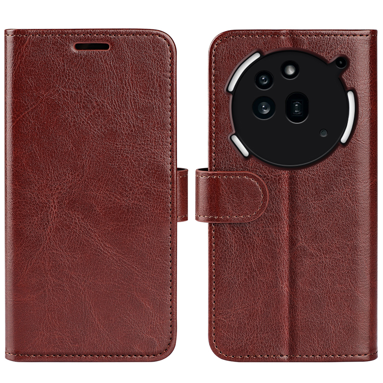 Telefoonhoesje met telefoon. De hoes is bruin en heeft een camera-uitsparing. De telefoon zit erin.