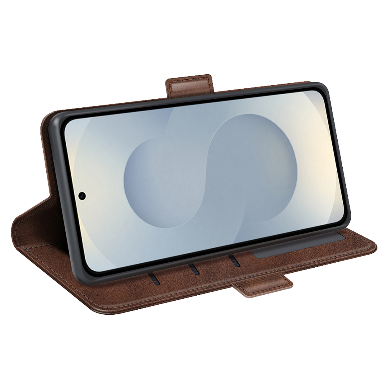 Bruine leren telefoonhoes, met een telefoon erin. De telefoon geeft een scherm weer.