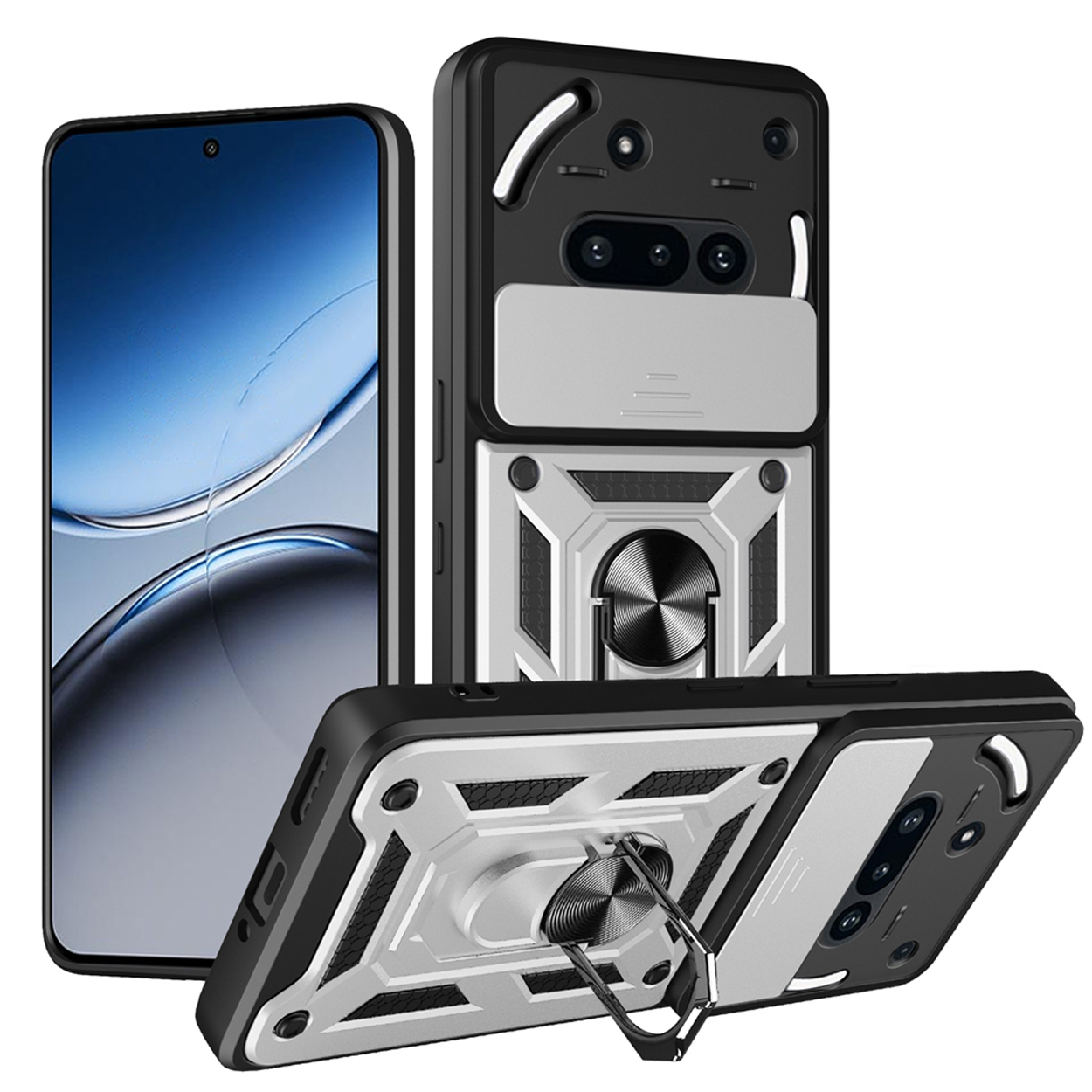 Coques de téléphone avec anneaux, vue en angle, noir et argent. Isolé sur fond blanc.