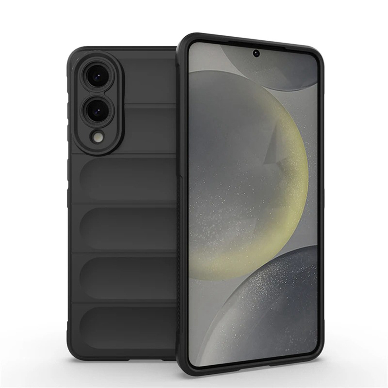 Zwarte telefoonhoes met drievoudige camera, toont een geel design.