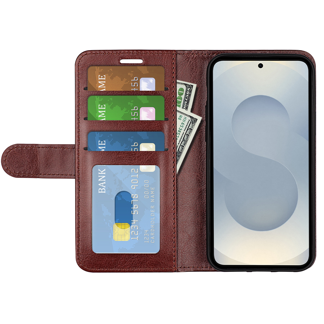 Bruin leren portemonnee-hoesje met telefoon, kaarten en contant geld binnenin. Telefoon toont een 'S' grafiek.