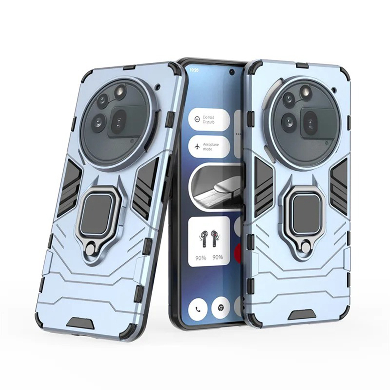 Deux coques de téléphone avec un téléphone entre les deux. Tous sont bleu clair et détaillés.