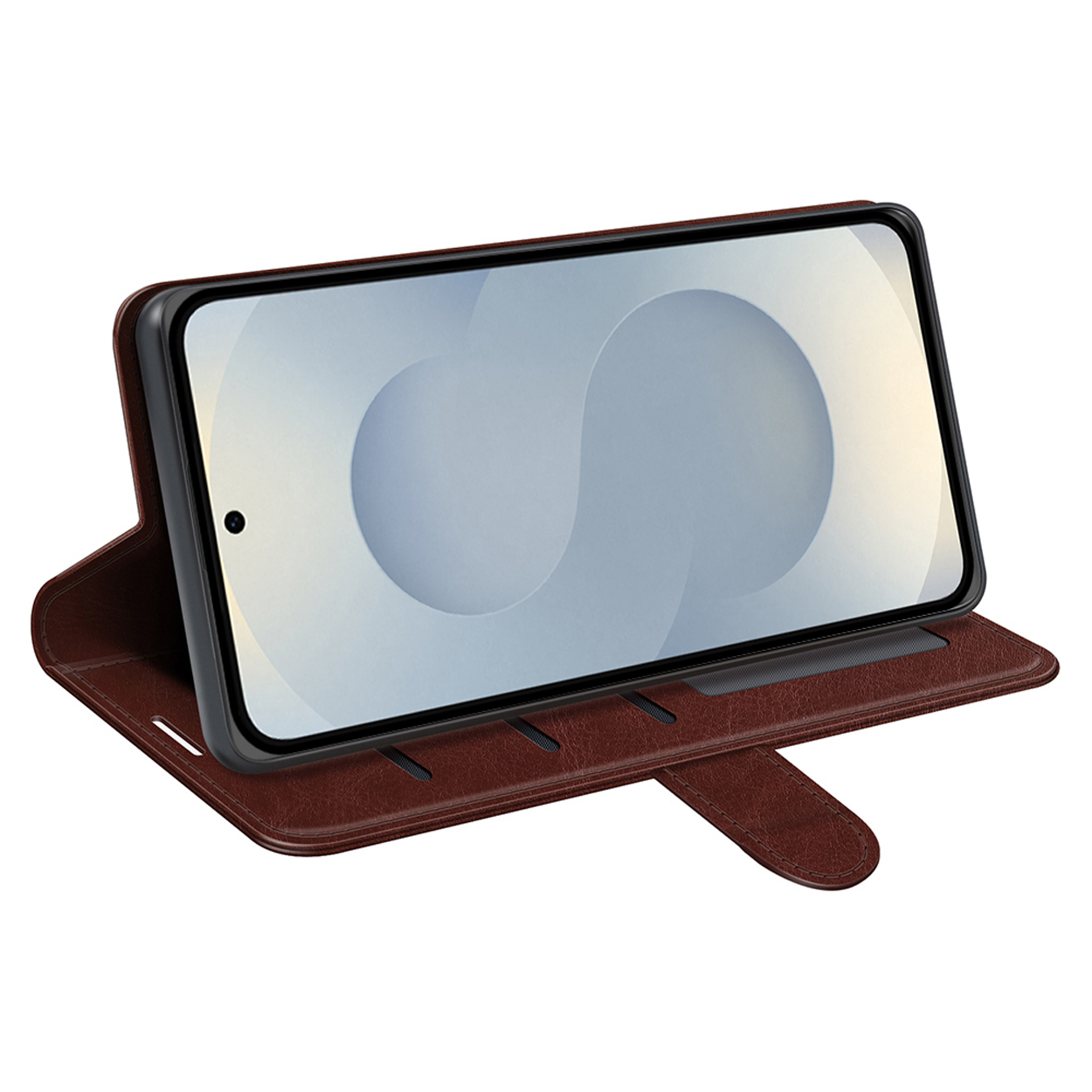 Bruine telefoonhoes met een telefoon erin, open. Op een witte achtergrond, schuine weergave.