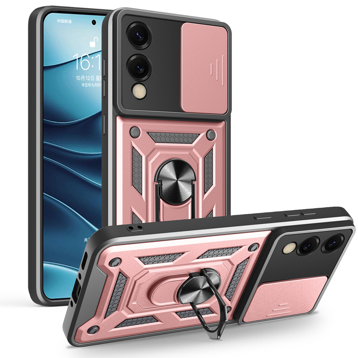 Roze telefoonhoes met ringstandaard en een telefoon, schuine weergave, geïsoleerd op wit.