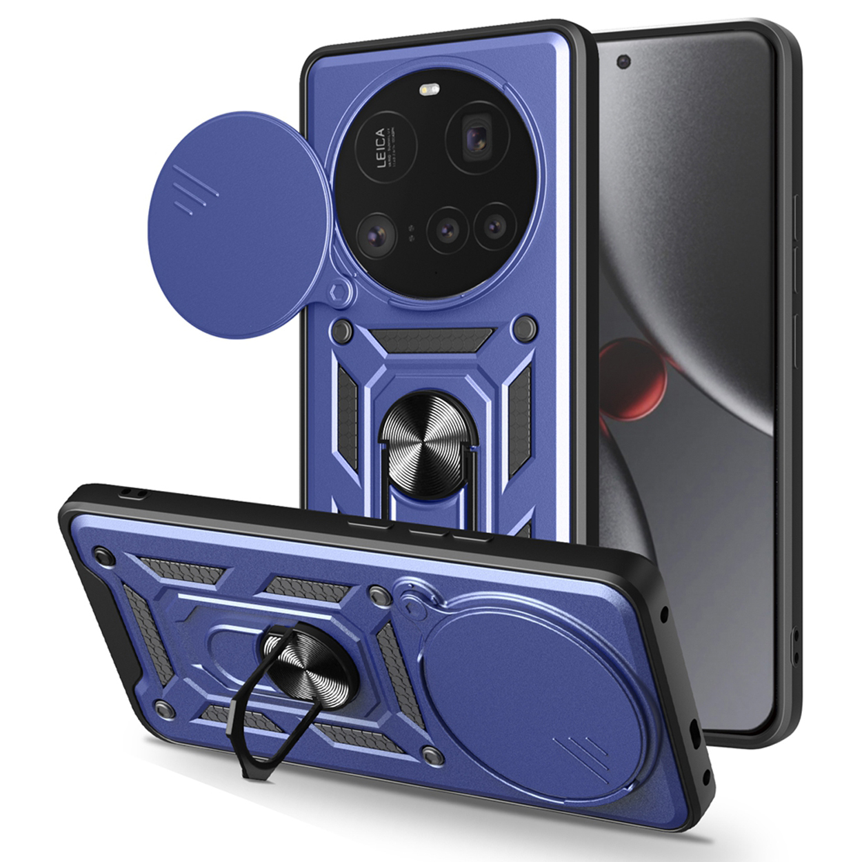 Blauwe telefoonhoes met cameralensafdekking, ringhouder en telefoon in de hoes.