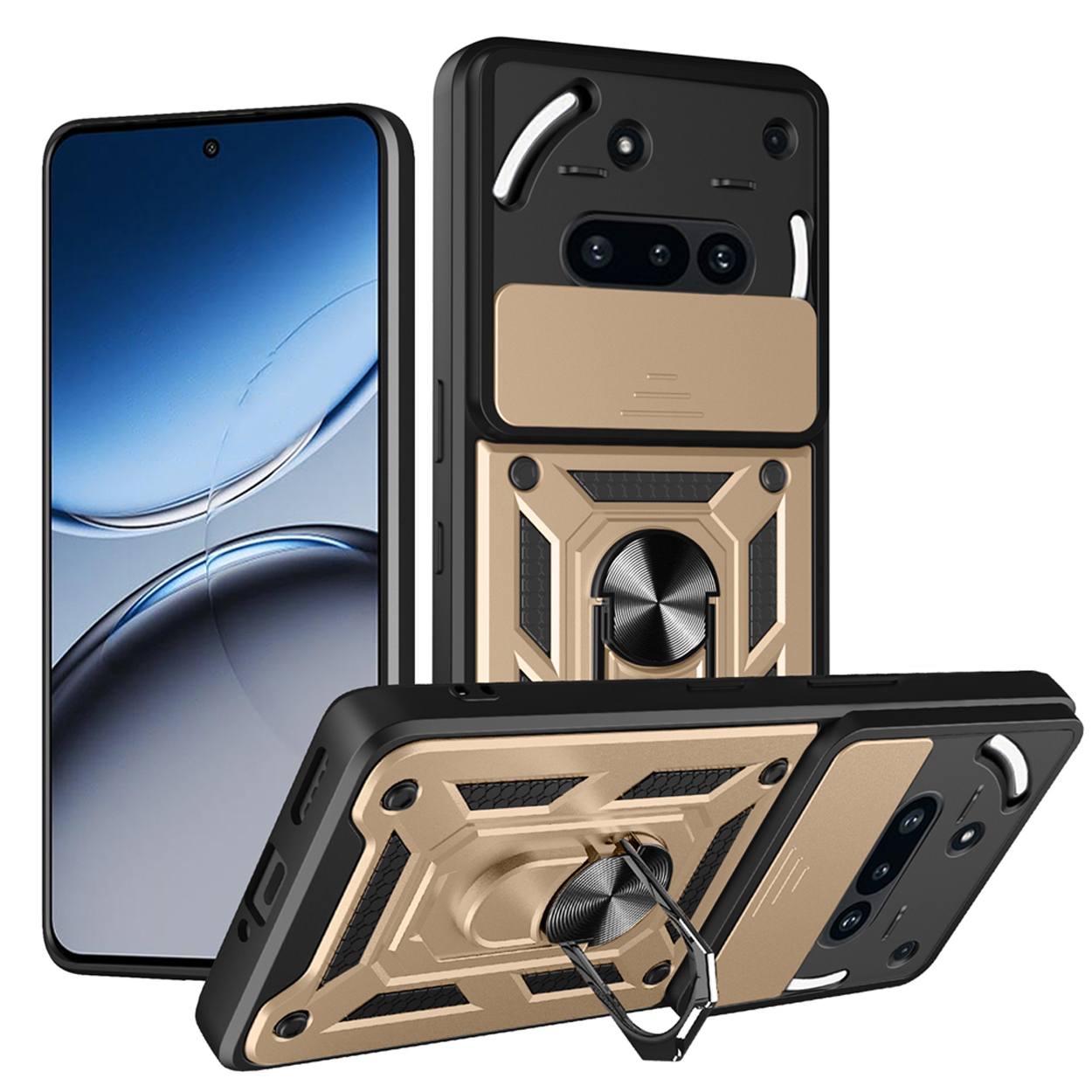 Telefoon in een beschermhoes. Meerdere hoeken. Zwart-goud kleurenschema.