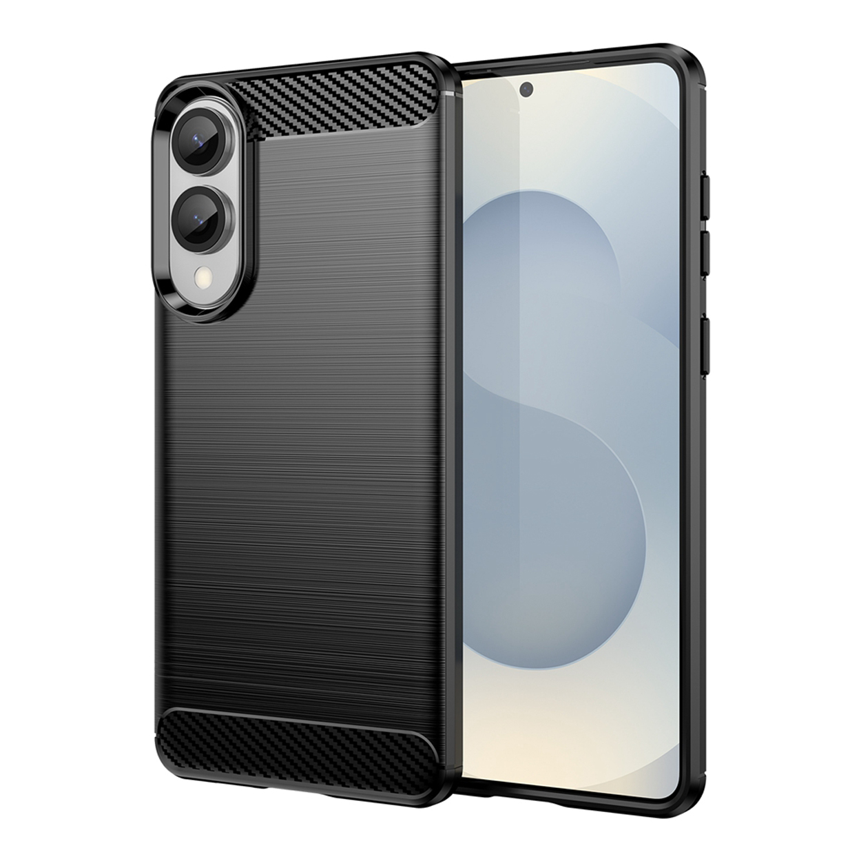 Zwarte telefoonhoes met getextureerde achterkant, die een telefoon vasthoudt. Hoes heeft koolstofvezel accenten.