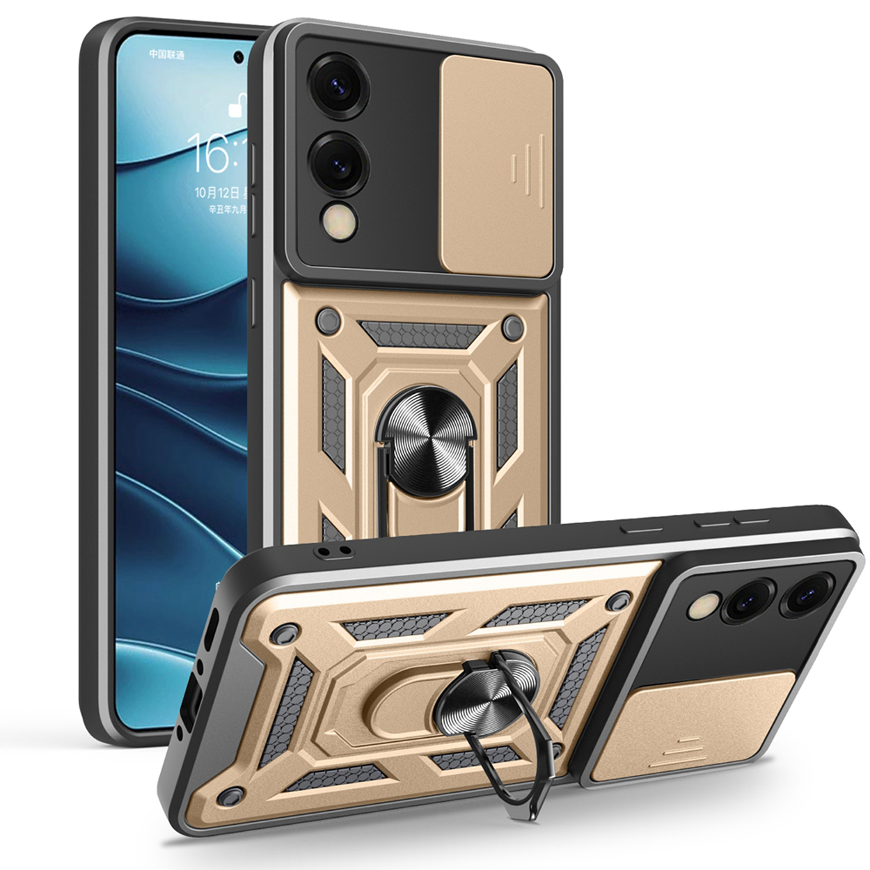 Trois coques de téléphone au design robuste, avec anneau et cache caméra.
