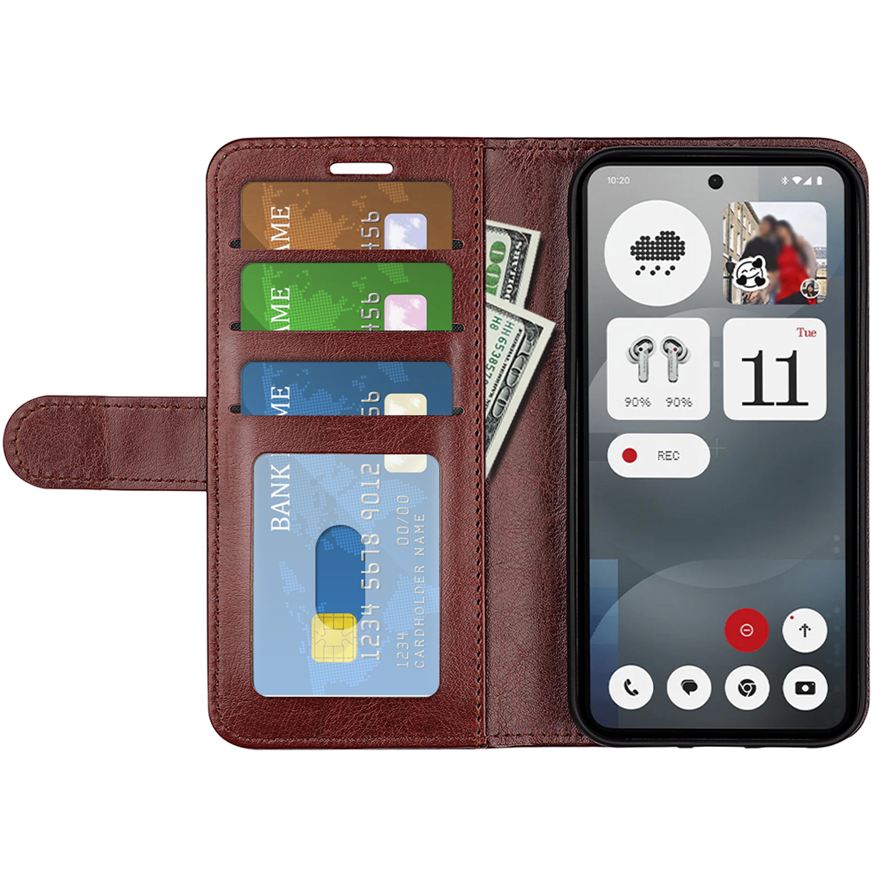 Bruine leren portemonnee telefoonhoes, open en toont telefoonscherm, kaarten en contant geld.