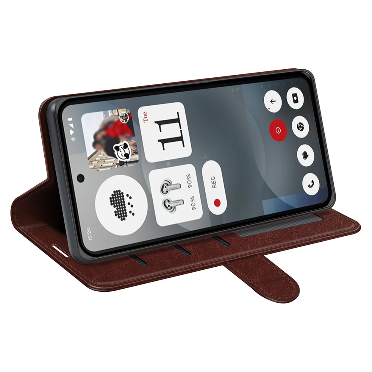 Een bruine telefoonhoes met een telefoon die een app weergeeft op een bruine achtergrond.