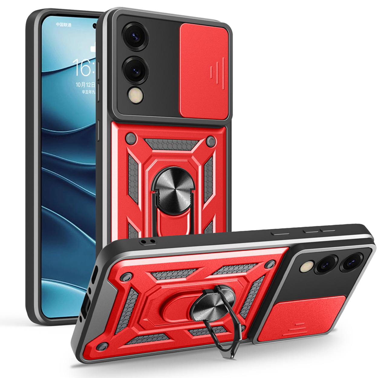 Drie telefoonhoesjes, twee rood en zwart met een ringstandaard, een met een telefoon.