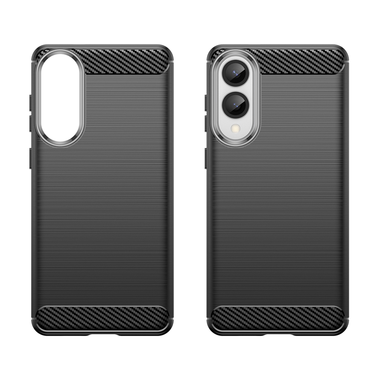 Zwarte telefoonhoes met een carbonvezel design langs de randen en de camera-uitsparing.