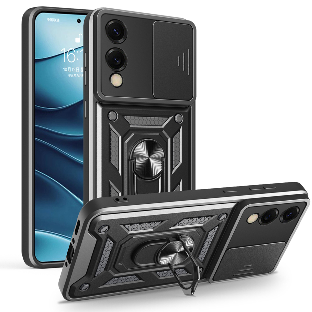 Zwarte telefoonhoes vanuit meerdere hoeken. Telefoon met ringhouder en scherm.