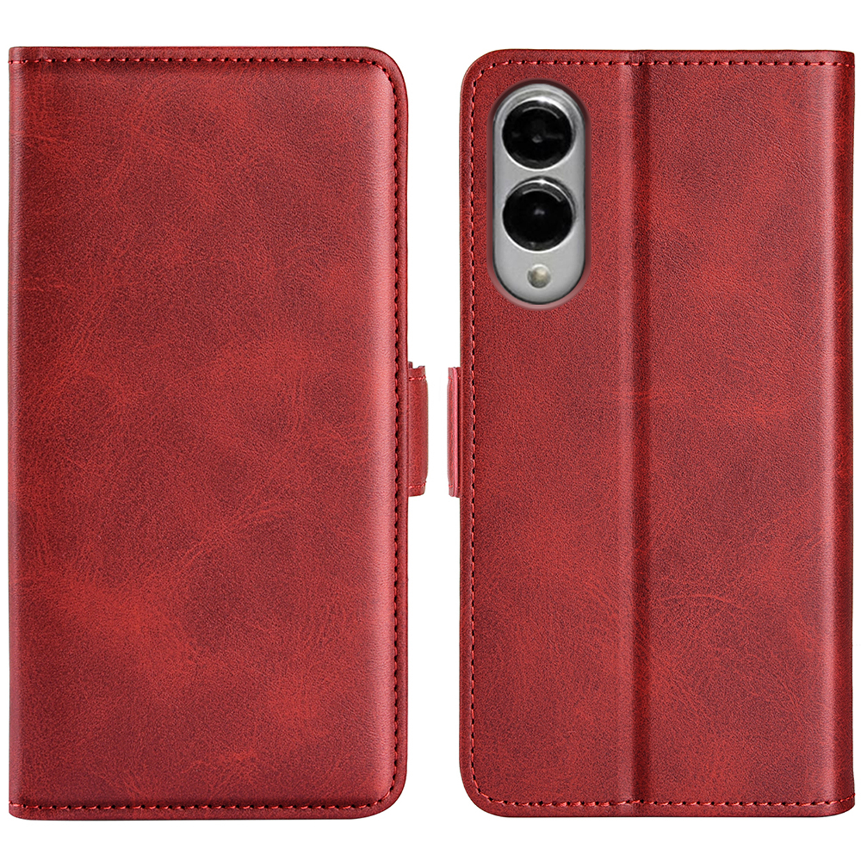 Coque de téléphone rouge, fermée. Cuir rouge avec coutures et fermoir magnétique.