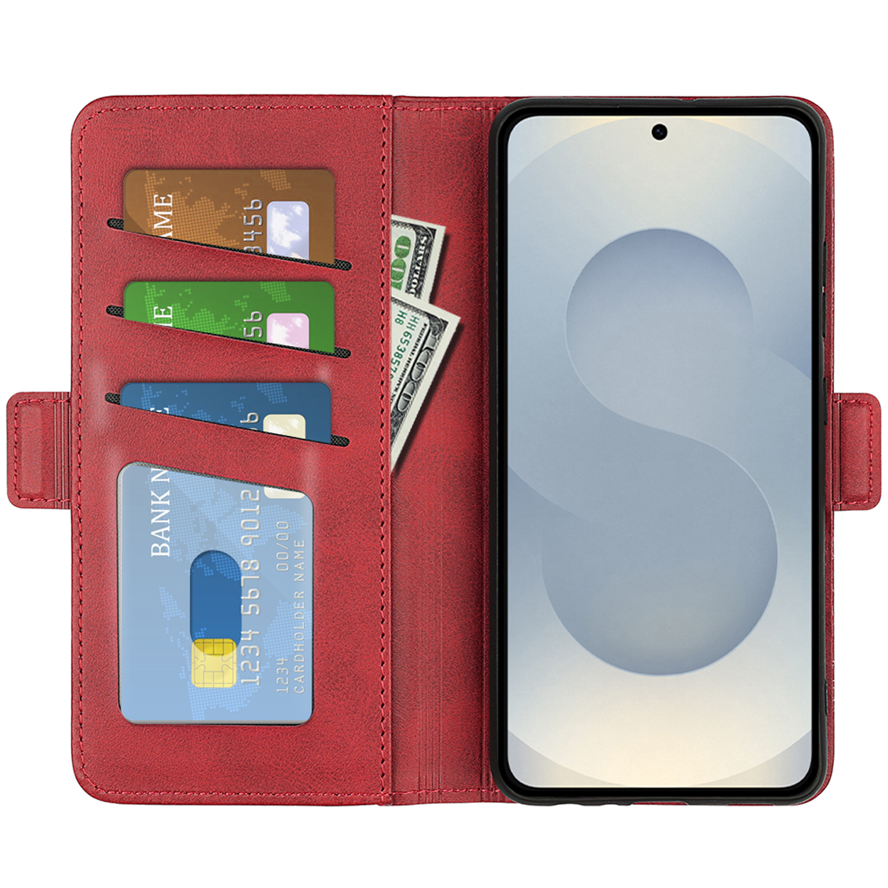 Étui de téléphone en cuir rouge, ouvert, montrant l'écran du téléphone, des cartes et de l'argent.