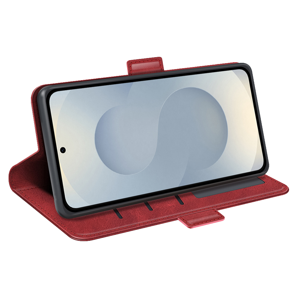 Étui portefeuille rouge pour téléphone. Le téléphone est à l'intérieur. L'étui est ouvert et l'écran du téléphone est visible.