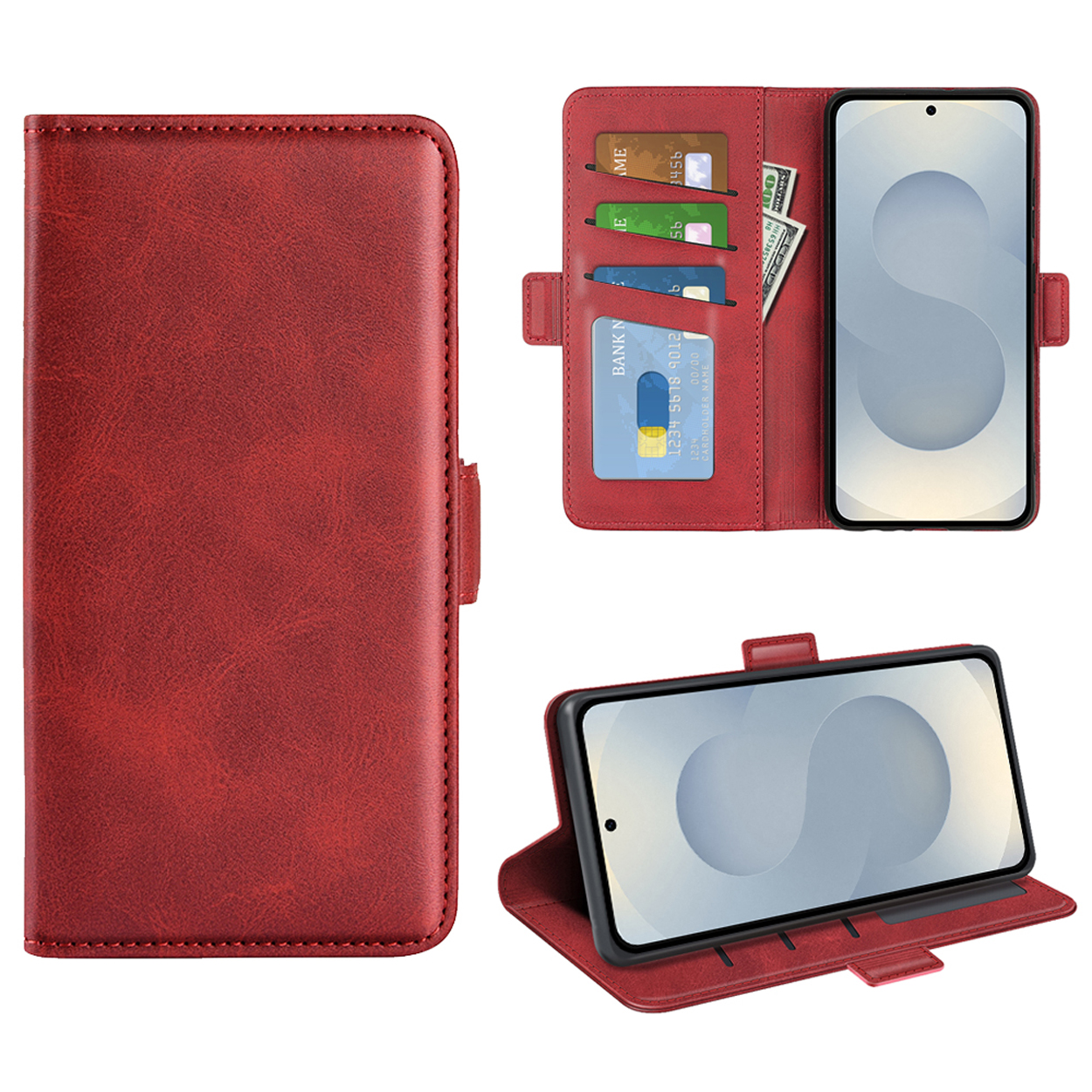 Étui portefeuille rouge pour téléphone. Le téléphone est à l'intérieur. L'étui est ouvert et l'écran du téléphone est visible.