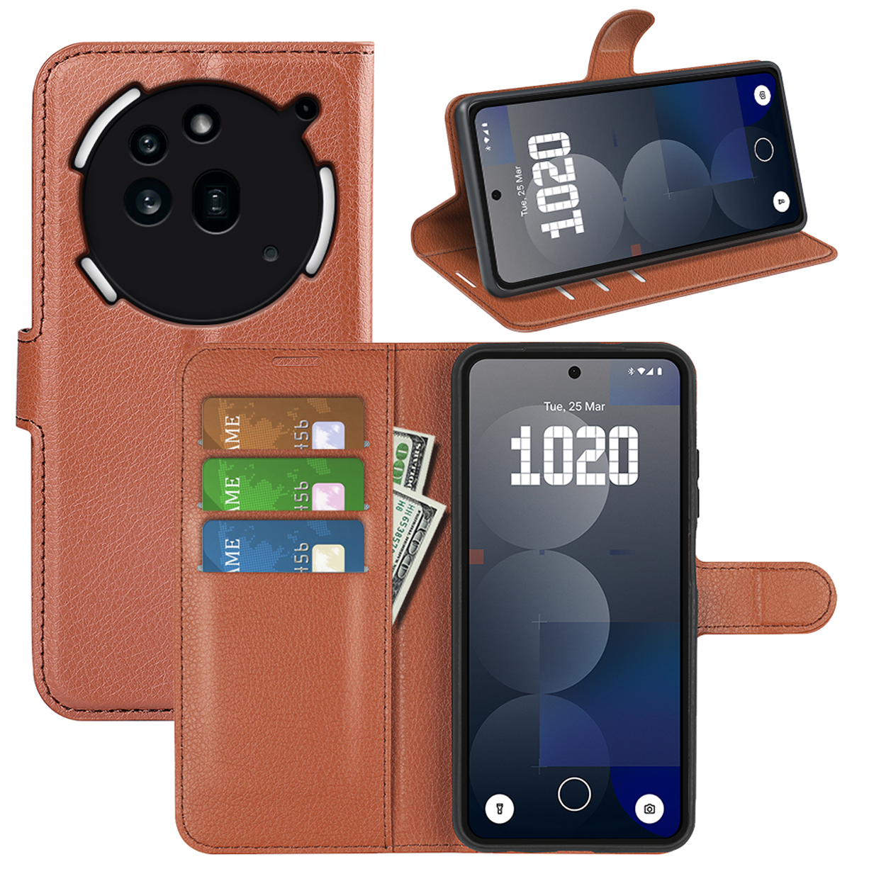 Téléphone dans un étui portefeuille en cuir marron, ouvert. Il montre l'écran du téléphone, des cartes et de l'argent.