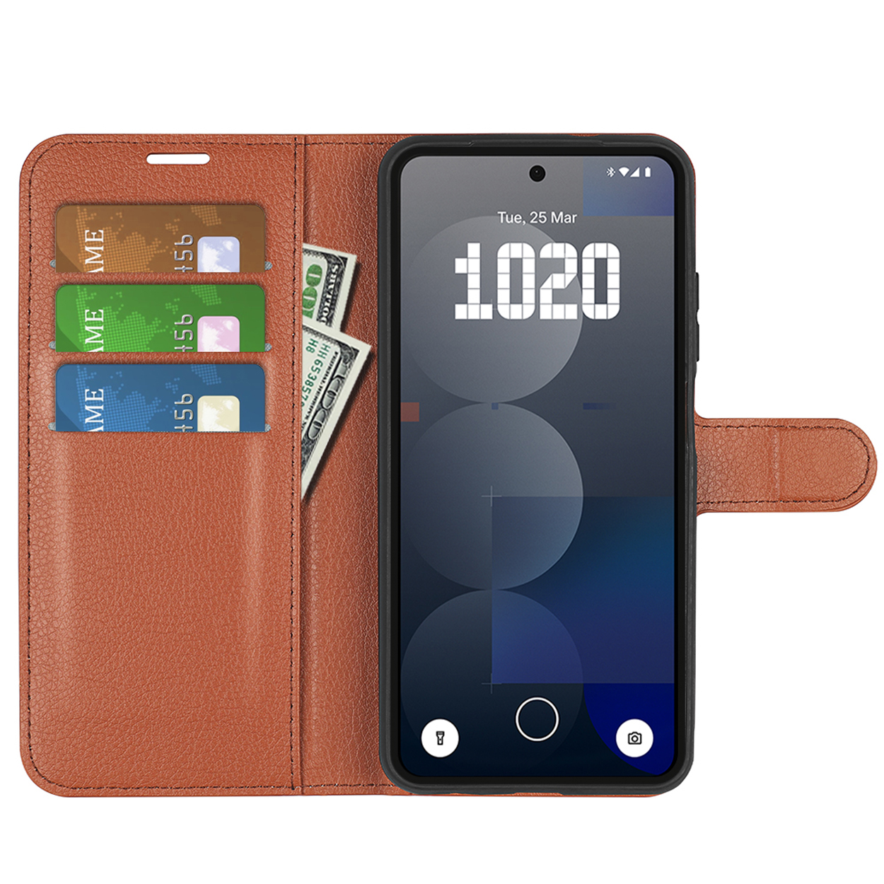 Étui de téléphone marron avec trois cartes de crédit et un billet d'un dollar, écran avec heure et icônes.