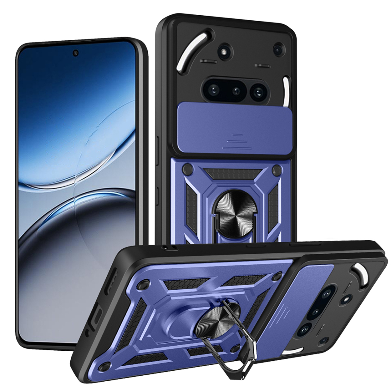Drie telefoonhoesjes. Een zwart en blauw, de andere twee rood en zwart, met ringstandaard.