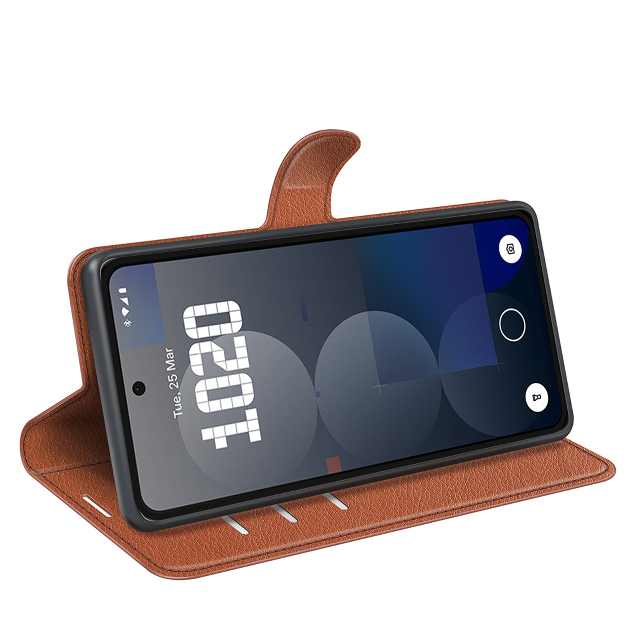 Étui de téléphone marron avec téléphone, affichant l'heure et la date à l'écran.