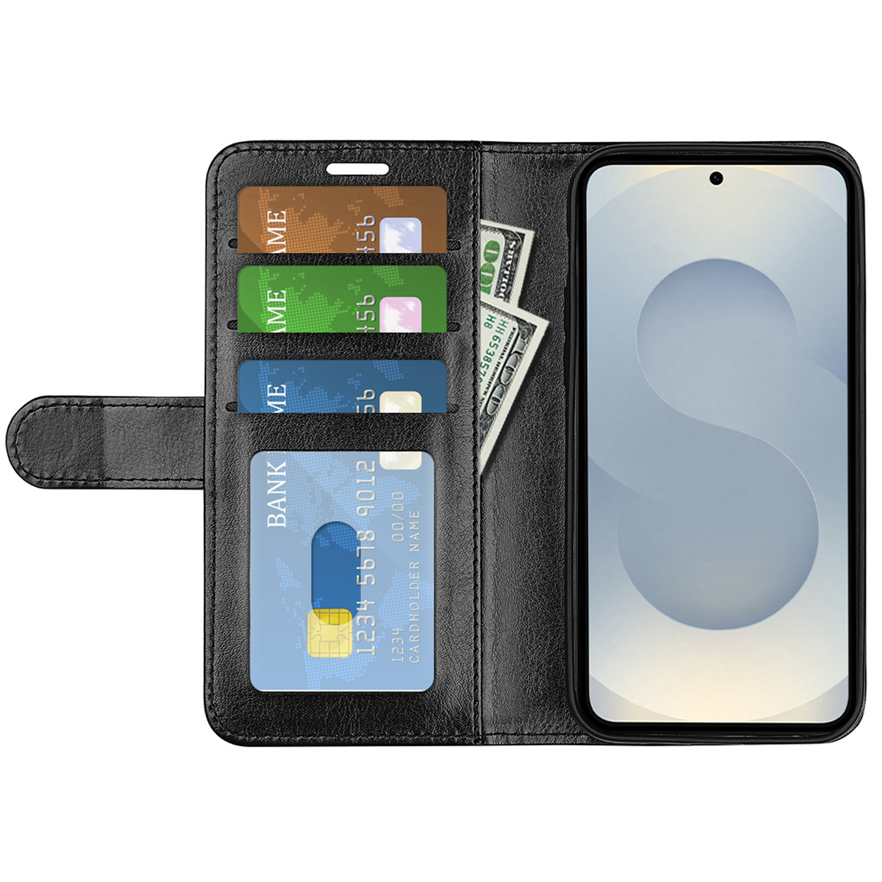 Zwarte portemonneehoes met creditcards en geld, naast een telefoon. Witte achtergrond.
