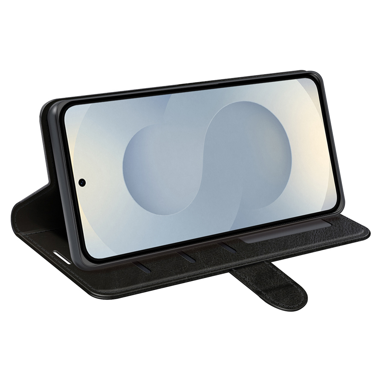 Zwarte telefoonhoes, open, met telefoon. Het scherm toont een witte, wazige achtergrond. Zwarte leren hoes.