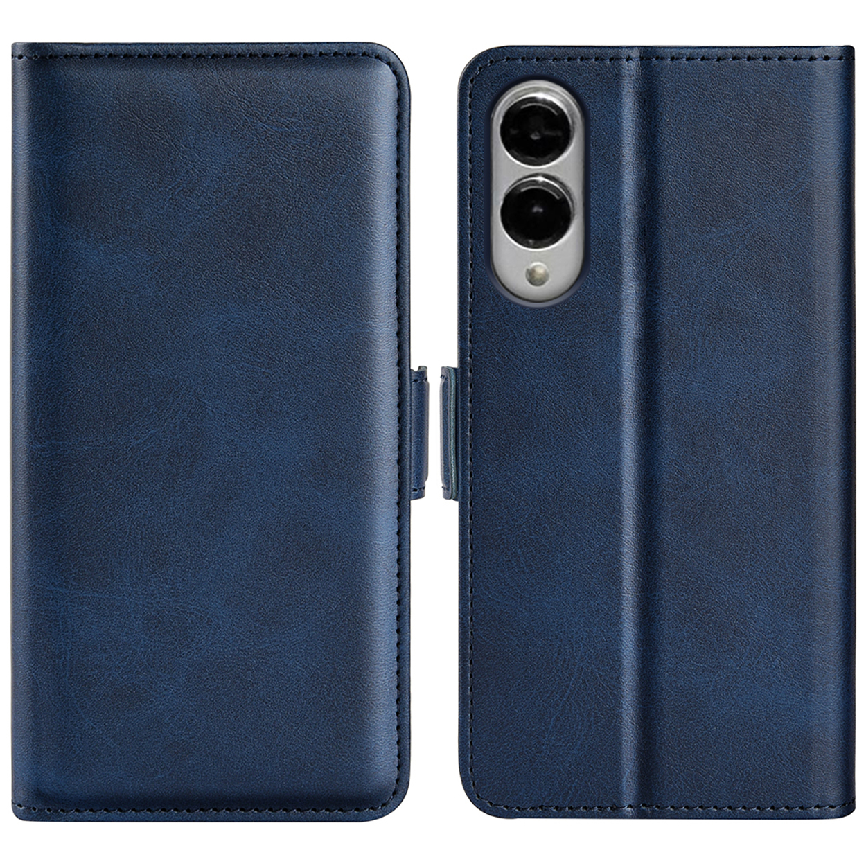 Étui de téléphone bleu, ouvert et fermé. L'étui est en cuir et possède une fermeture magnétique.