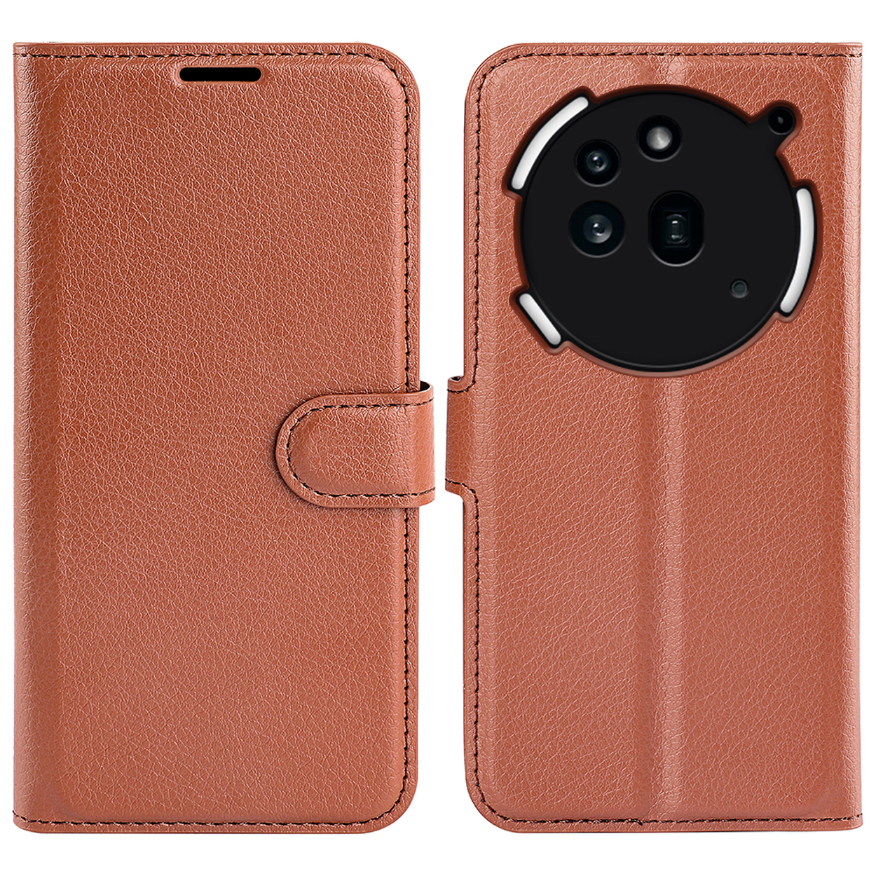 Étui de téléphone en cuir marron, fermé à gauche, ouvert à droite avec découpe caméra.
