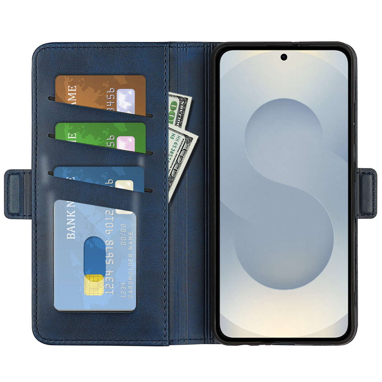 Étui de téléphone bleu, ouvert, avec cartes et billets de banque, écran avec heure et icônes.