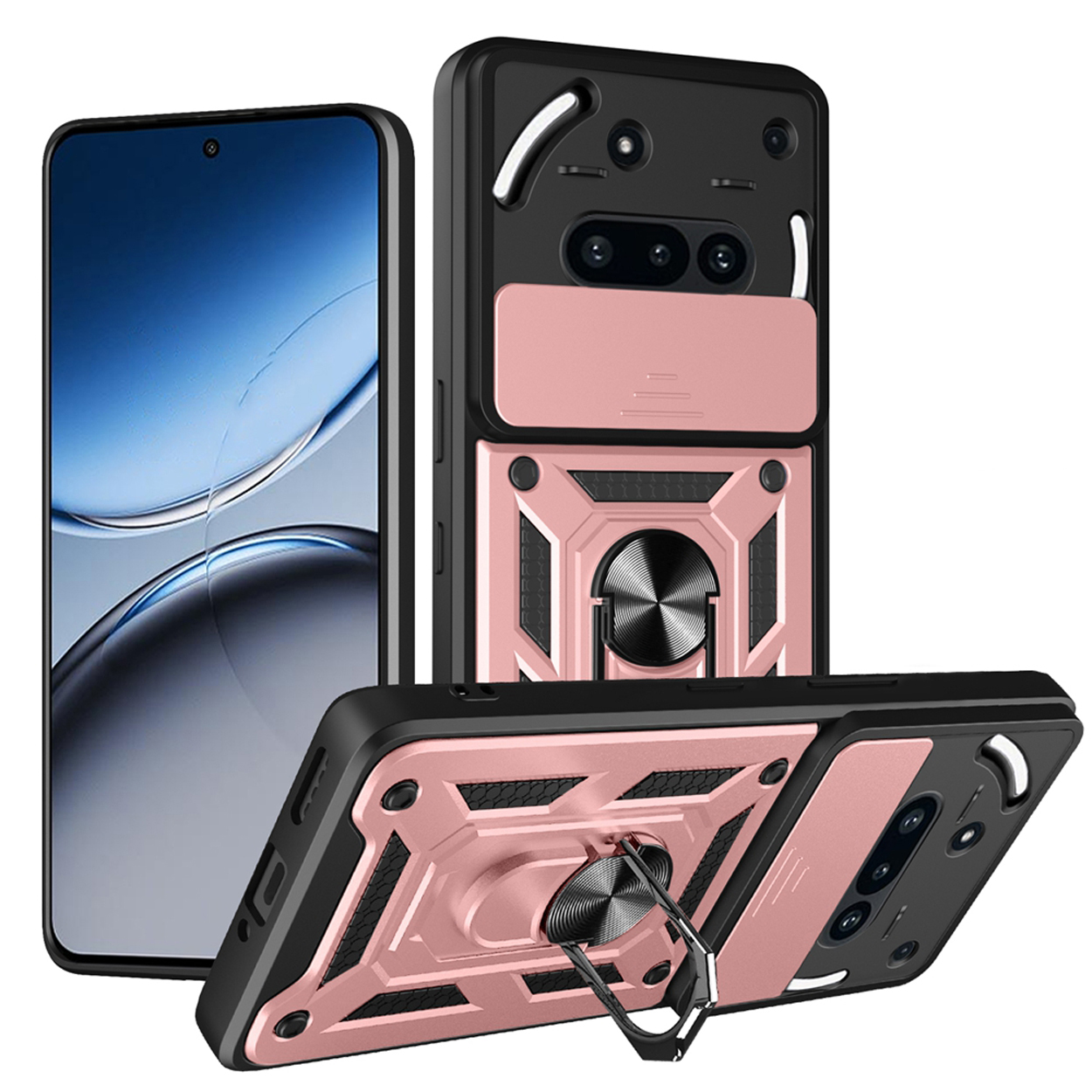 Telefoonhoesjes voor een telefoon. Ze hebben een ringhouder en zijn roze en zwart.