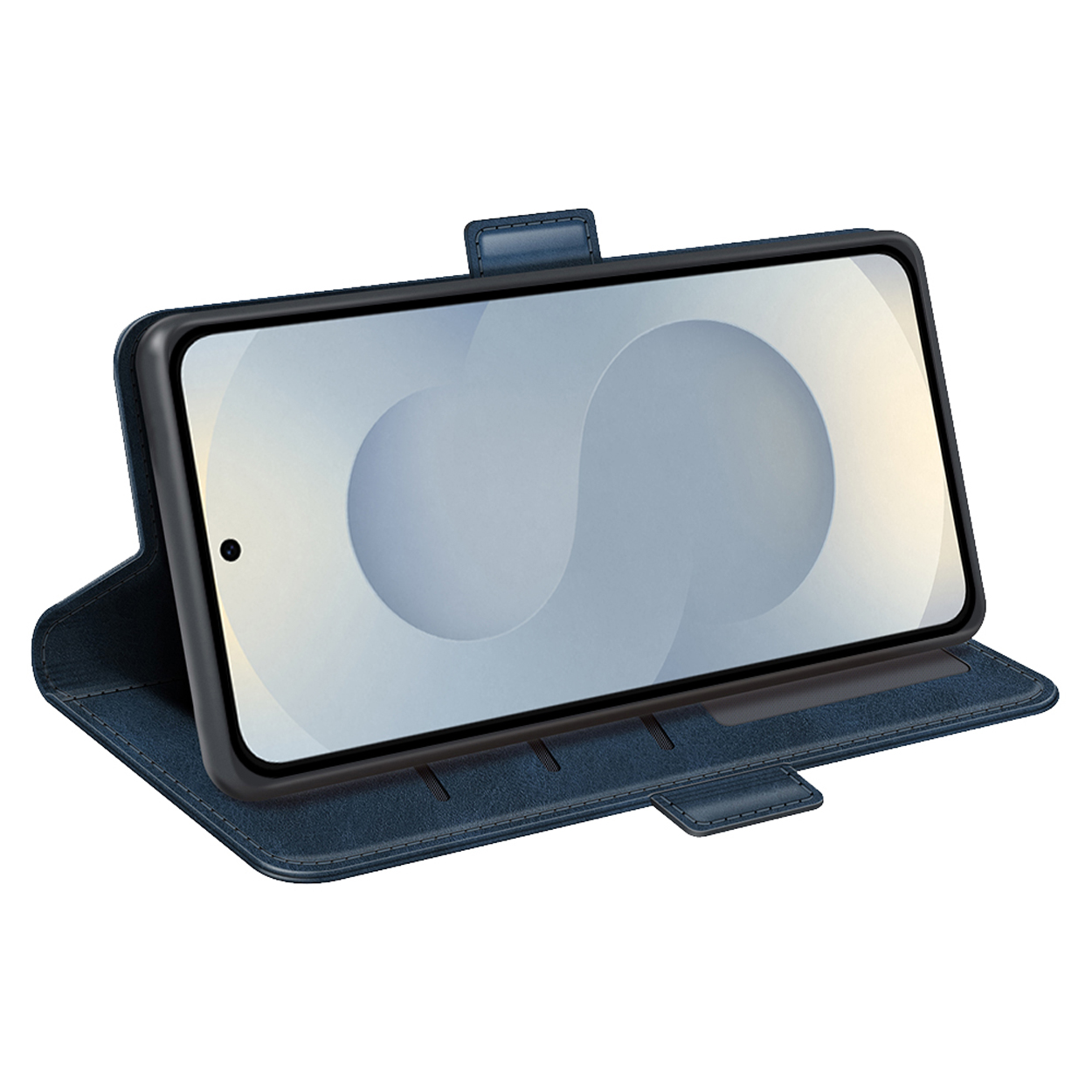 Un étui de téléphone bleu avec un téléphone à l'intérieur, sur fond blanc.