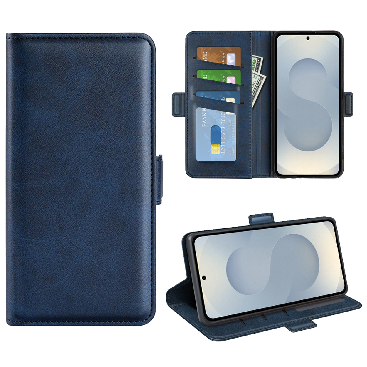 Un étui de téléphone bleu marine ouvert. Il montre un téléphone, des emplacements pour cartes et un compartiment à argent.