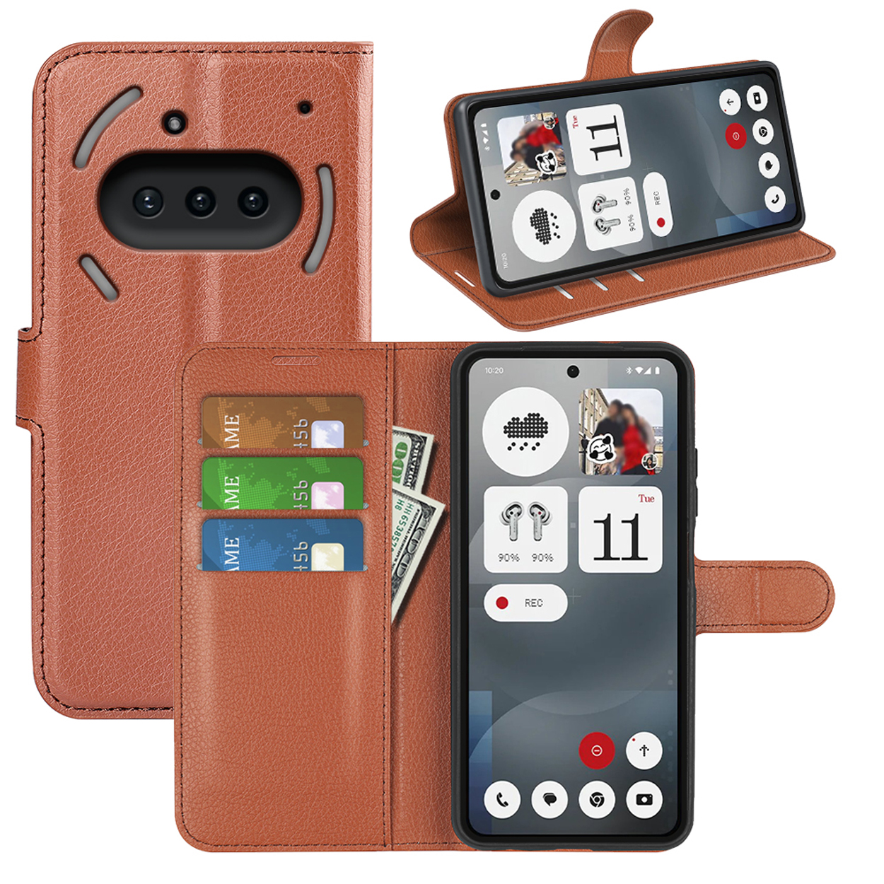 Étui de téléphone marron ouvert. Le téléphone dans l'étui affiche l'heure et les icônes à l'écran.