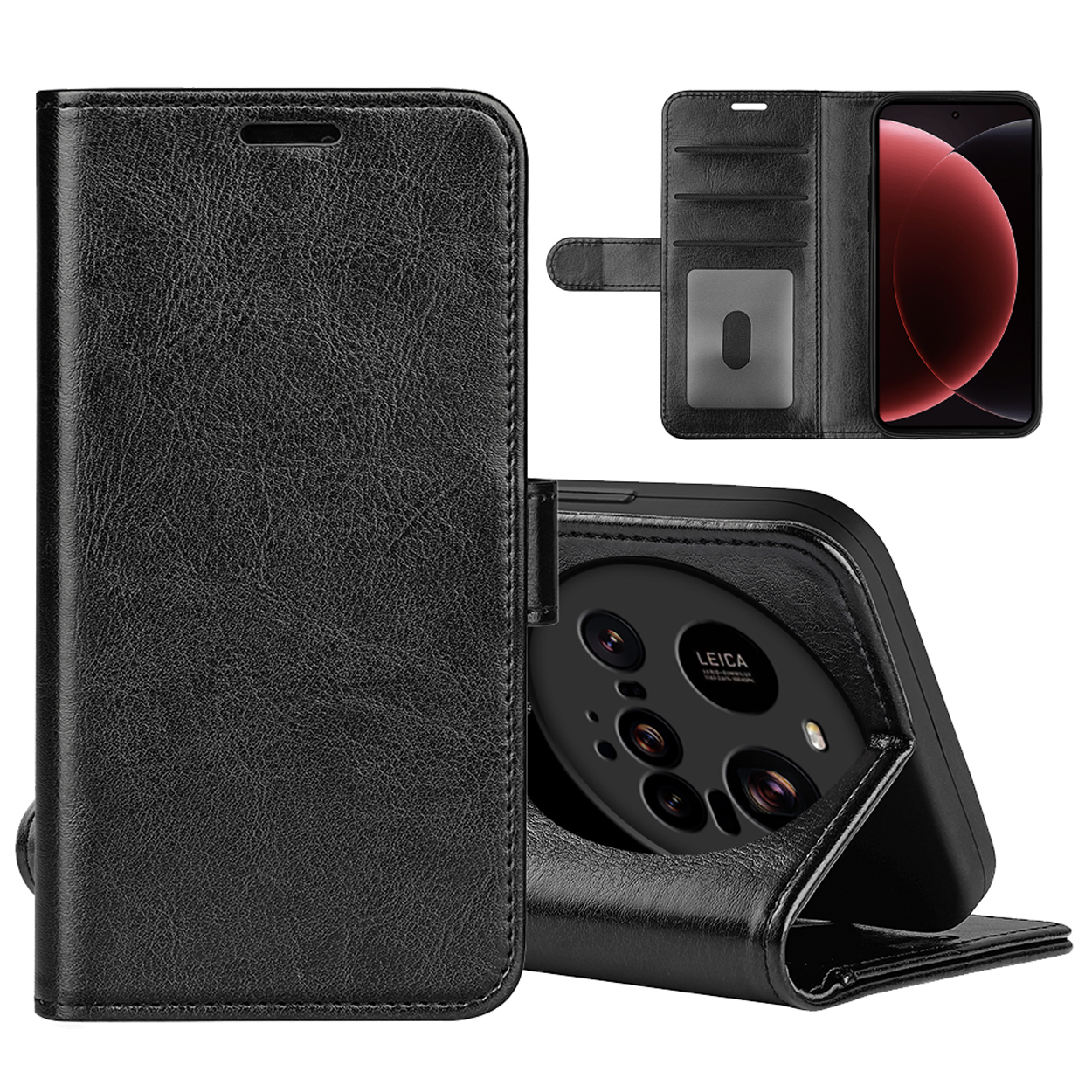 Étui portefeuille noir pour téléphone, ouvert. Montrant un téléphone et des emplacements pour cartes.