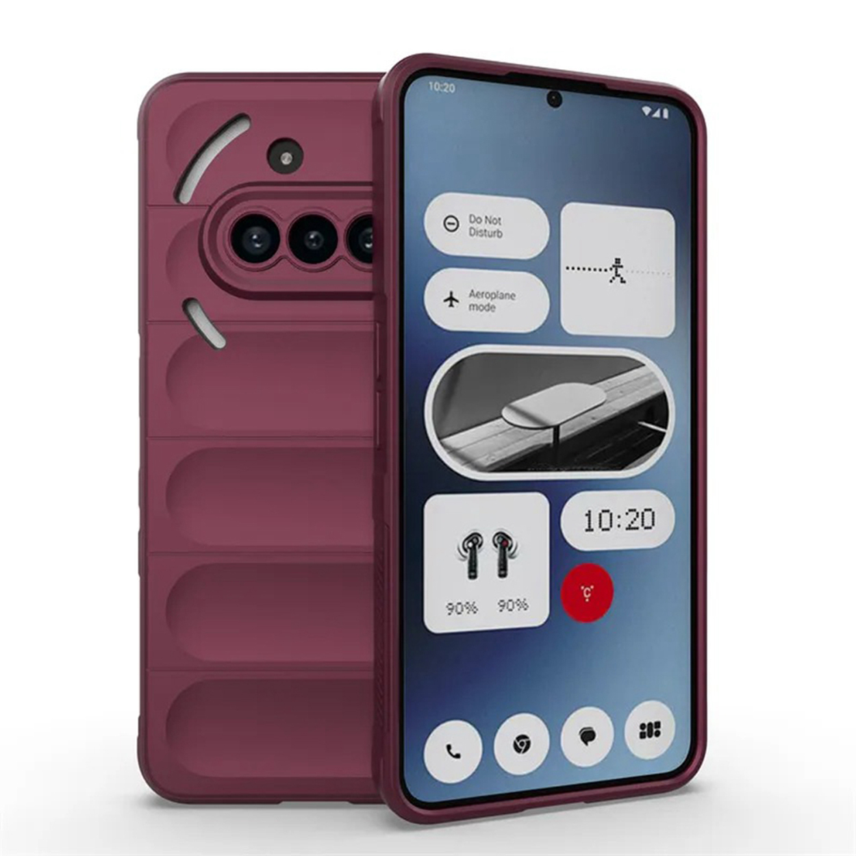 Bordeaux telefoon met scherm aan, toont iconen en tijd.