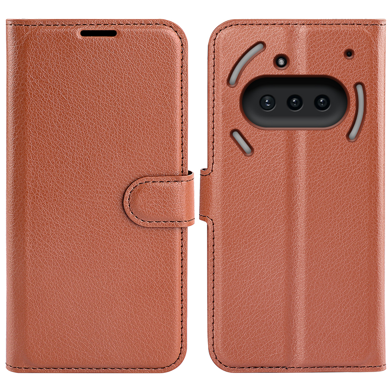Étui portefeuille marron pour téléphone. Le téléphone est à l'intérieur. L'étui est ouvert et l'écran du téléphone est visible.