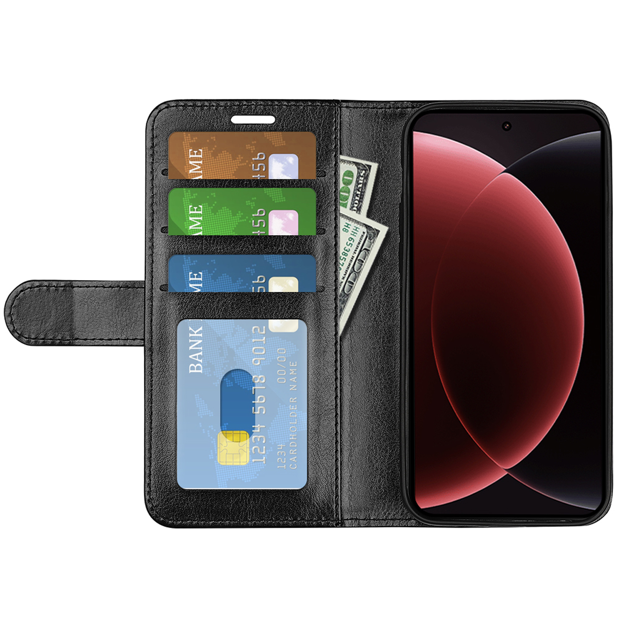 Étui de téléphone noir ouvert, téléphone à droite, avec de l'argent et des cartes à l'intérieur. L'écran est rouge.