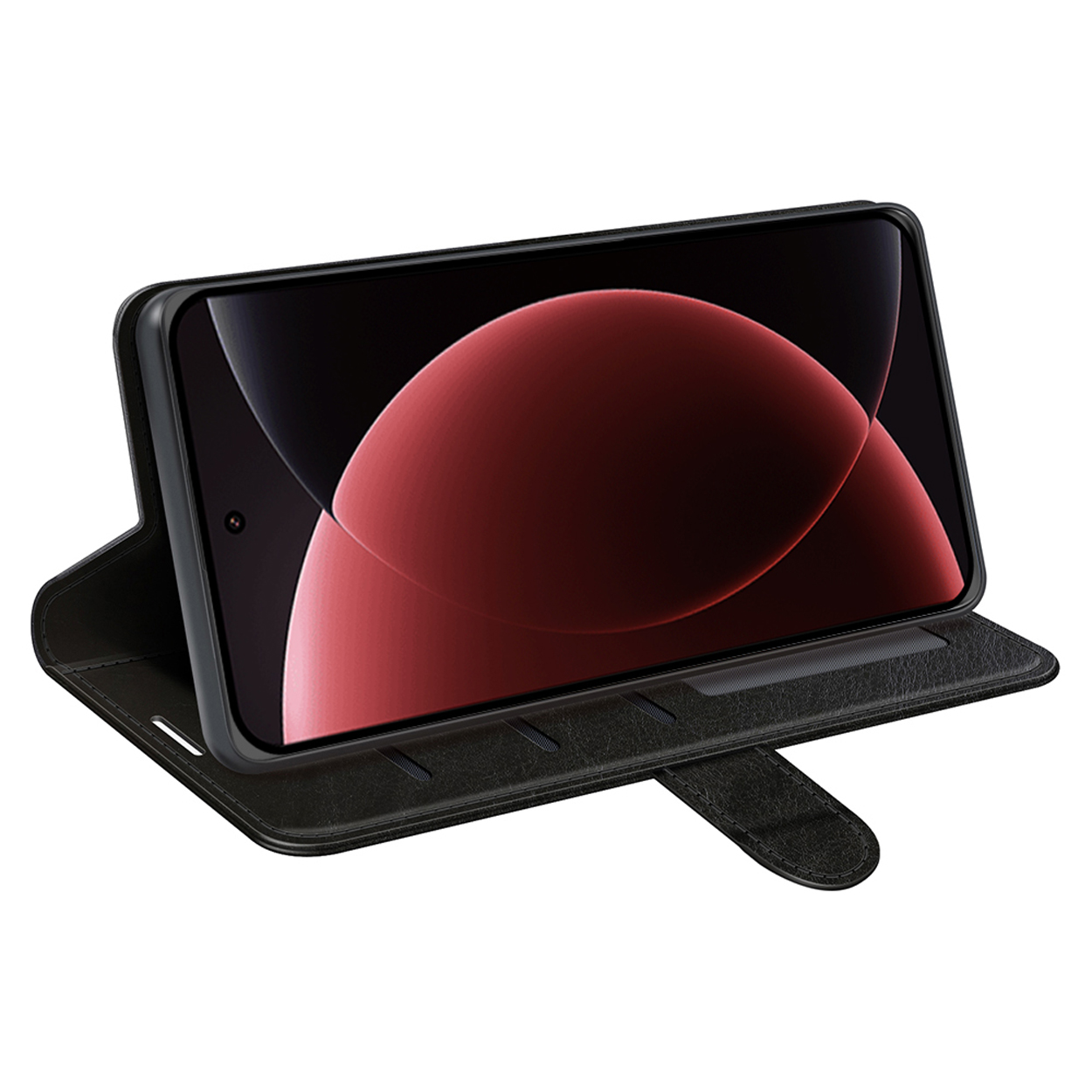 Étui de téléphone noir ouvert. L'écran du téléphone affiche un dégradé rouge et noir.