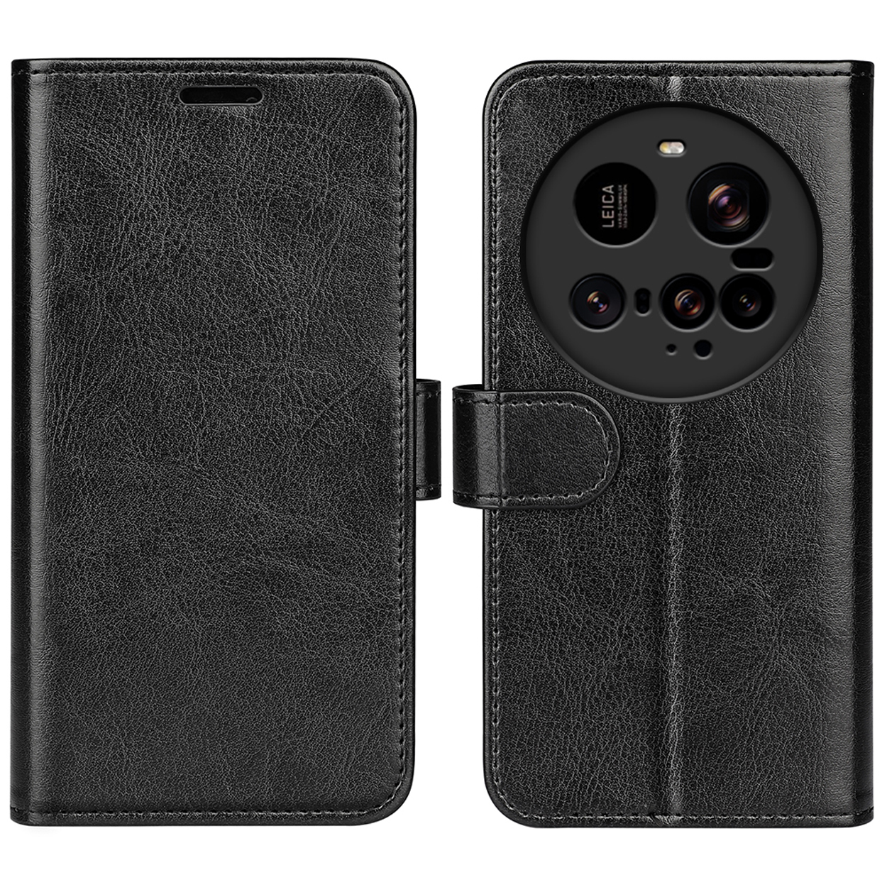 Étui de téléphone noir, ouvert. Le dos montre un objectif d'appareil photo et l'intérieur a des fentes pour cartes et un support de téléphone.